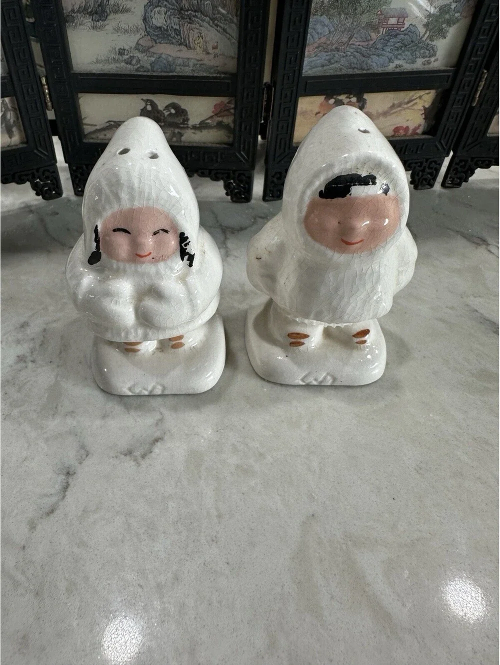Vintage Inuit/Eskimo Boy and Girl ceramic salt pepper shaker set Horvath in 1949